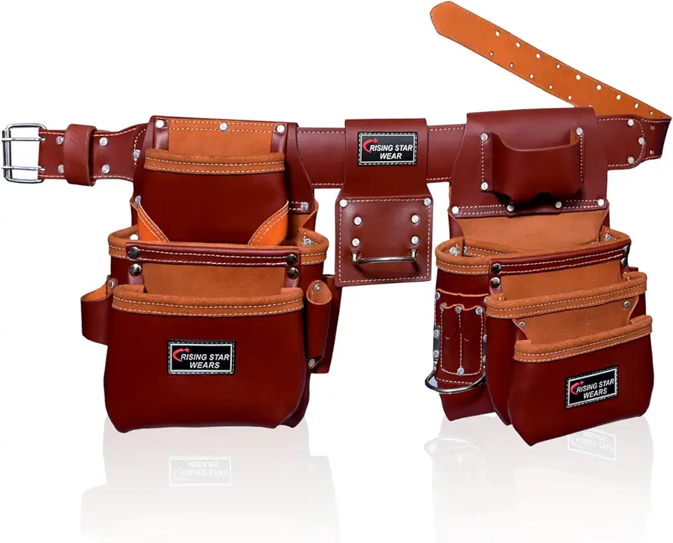 RISING STAR WEARS 100% GENUINE LEATHER MAROON TOOLBELT PERFECT FOR CONSTRUCTION, CARPENTERS, ELECTRICIANS, PLUMBERS AND CRAFTSMAN, MULTIPURPOSE 18 POCKETS WAIST TOOL BAG POUCHES AND BACKPACK ORGANIZER