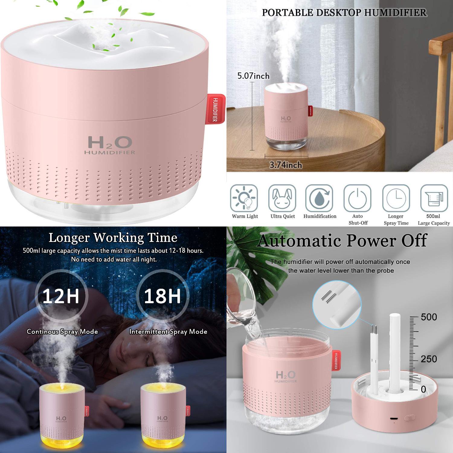 XGZHPJZ Portable Whisper-Quiet 500ml Ultrasonic Cool Mist Humidifier with Night Light  Mini USB Personal Humidifier Auto Shut-Off  2 Spray Modes  Ideal for Home Baby Bedroom Office Travel