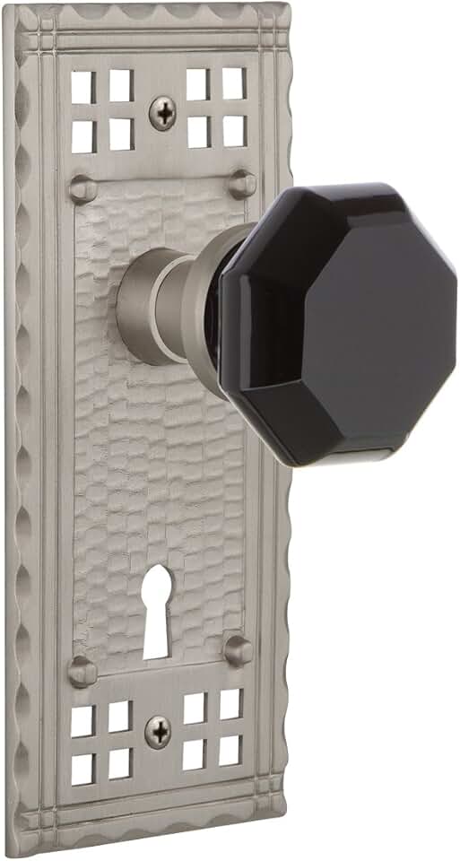 Nostalgic Warehouse Satin Nickel 723719 Craftsman Plate Waldorf Black Door Knob, Double Dummy with Keyhole