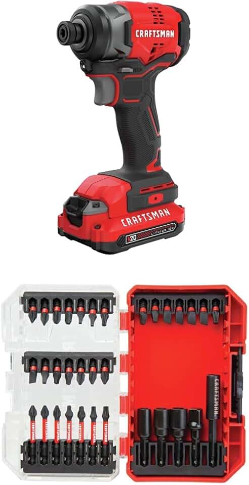 CRAFTSMAN V20 Impact Driver Kit, Cordless with Drill/Driver Set, Impact Ready Bits, 33 Pieces (CMCF810C1 & CMAF1333)