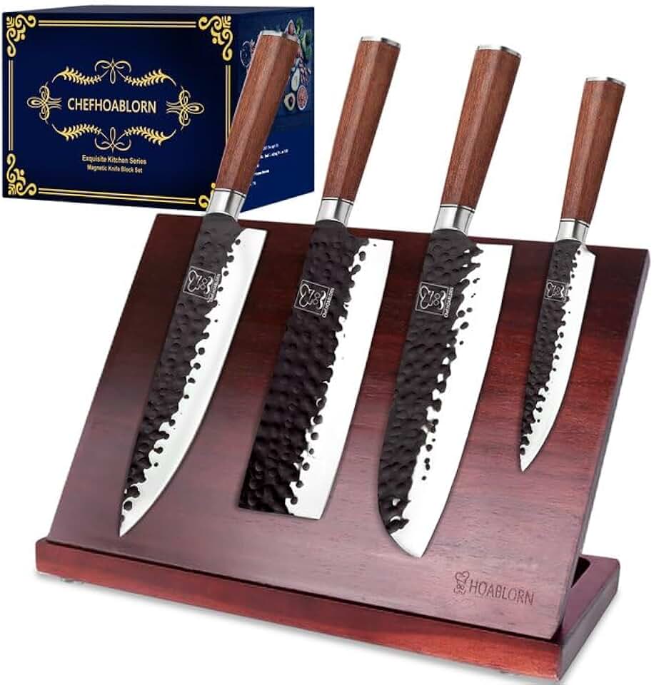 Magnetic Knife Block Set Kitchen Chefhoablorn Knife Set 5pcs German Stainless Steel Kitchen Knives Hammered Forged Craftsmanship Powerful Magnet Inside