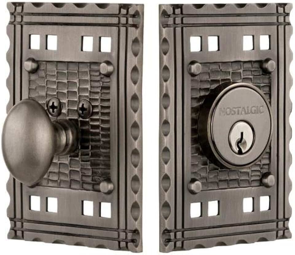 Nostalgic Warehouse 715145 Craftsman Plate Single Cylinder Deadbolt Craftsman Door Knob in Antique Pewter,