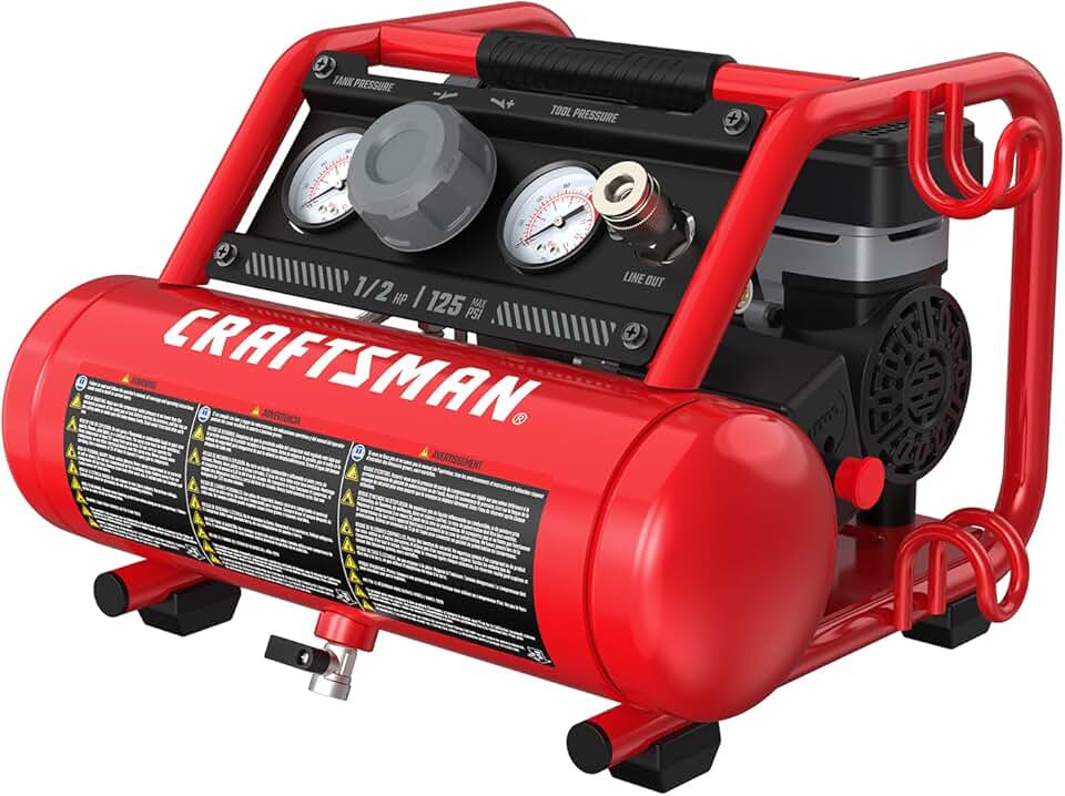 1 Gallon Ultra Quiet Air Compressor, CRAFTSMAN, Oil-Free 1/2 HP Max 125 PSI Horizontal Portable Air Compressor for Car Tires, Nail Gun and Pneumatic Tools