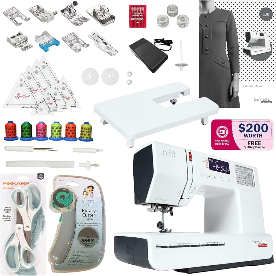 Bernette B38 Affordable Computerized Sewing Machine with $200 Quilting Bundle - Heavy-Duty Performance, Versatile for Experts and Beginners - Precision Craftsmanship for Creative Excellence