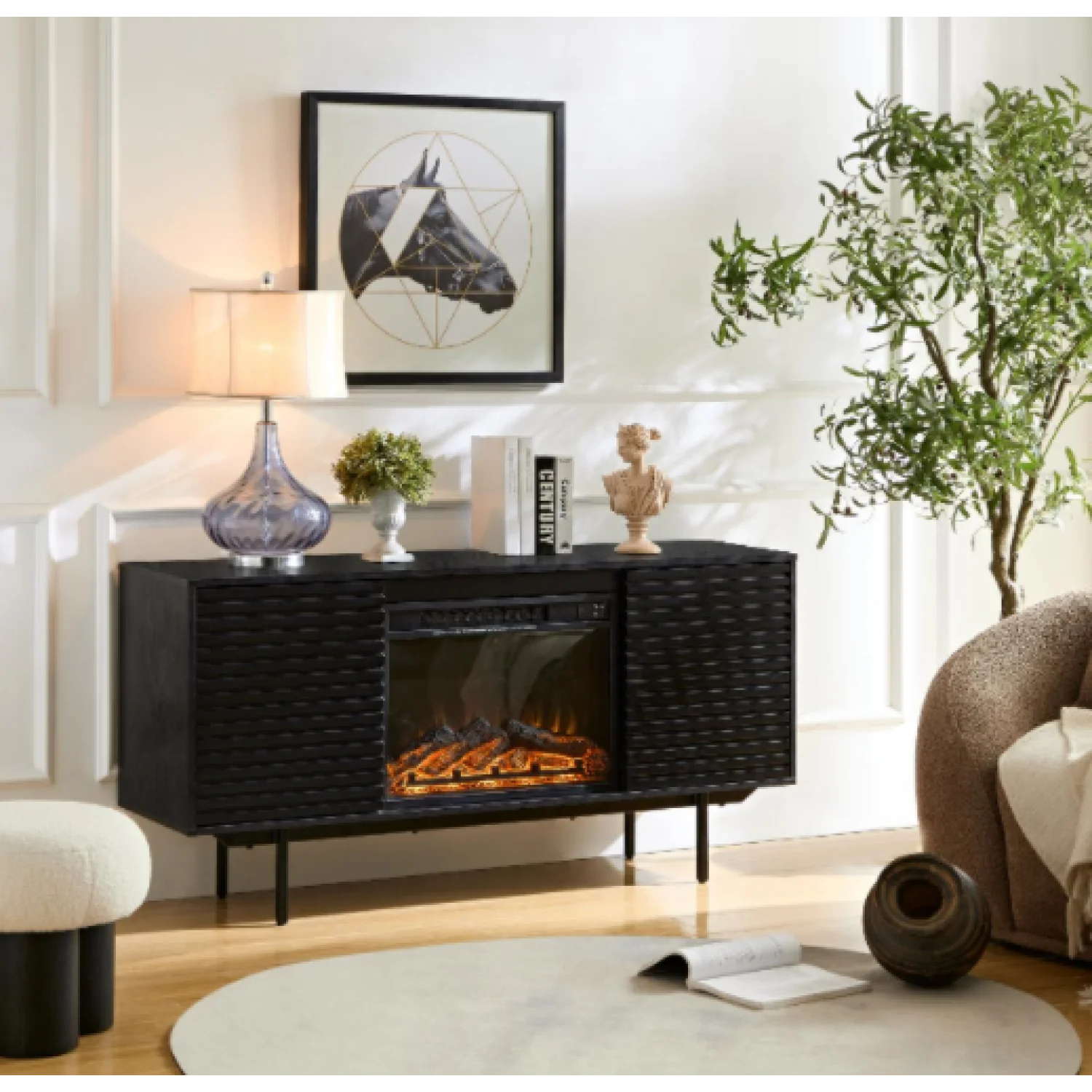 Black Oak Cabinet with Adjustable Middle Layer - Remote Control Fireplace - Versatile Storage - Exquisite Craftsmanship - Personalized Adjustments