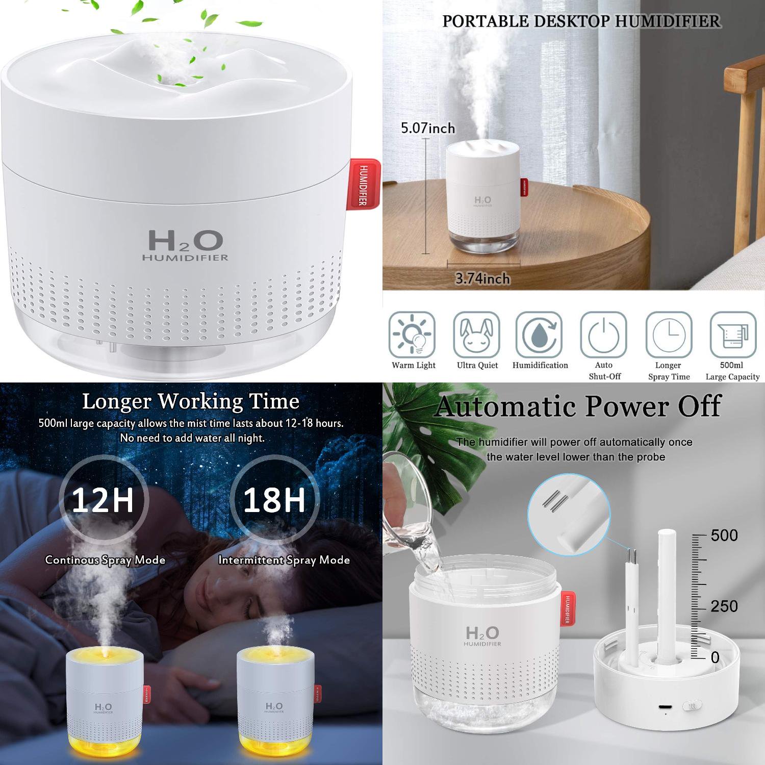 XGZHPJZ Portable Whisper-Quiet 500ml Ultrasonic Cool Mist Humidifier with Night Light  Mini USB Personal Humidifier Auto Shut-Off  2 Spray Modes  Ideal for Home Baby Bedroom Office Travel