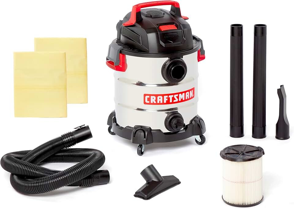 CRAFTSMAN CMXEVBE17155 10 Gallon 6.0 Peak HP Stainless Steel Wet/Dry Vac, Portable Shop Vacuum with Attachments and Dust Collection Bags