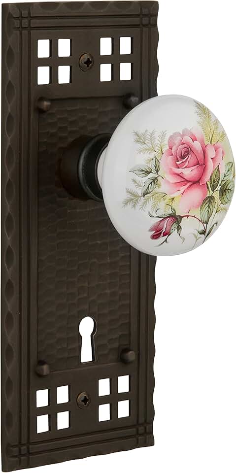 Nostalgic Warehouse 715600, Double Dummy, Oil-Rubbed Bronze Craftsman Plate with Keyhole White Rose Porcelain Knob