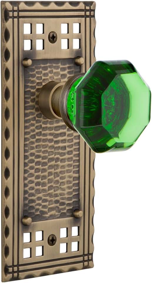 Nostalgic Warehouse Antique Brass, 724324 Craftsman Plate Waldorf Emerald Door Knob, Privacy-2.75