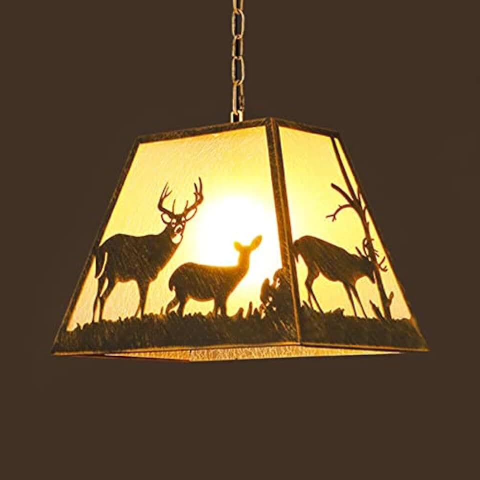 LITFAD Craftsman Restaurant Pendant Light Metal 1 Light Rustic Style Ceiling Hanging Light with Deer in Aged Bronze for Dining Room Bar Cafe