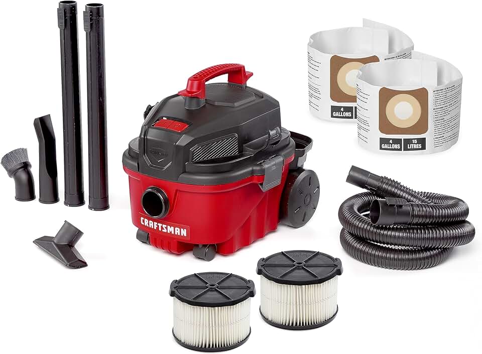 CRAFTSMAN CMXEVBE17040 4 Gallon 5.0 Peak HP Wet/Dry Vac, Portable Shop Vacuum with Attachments, General Purpose Filter and 2pk Dust Collection Bags
