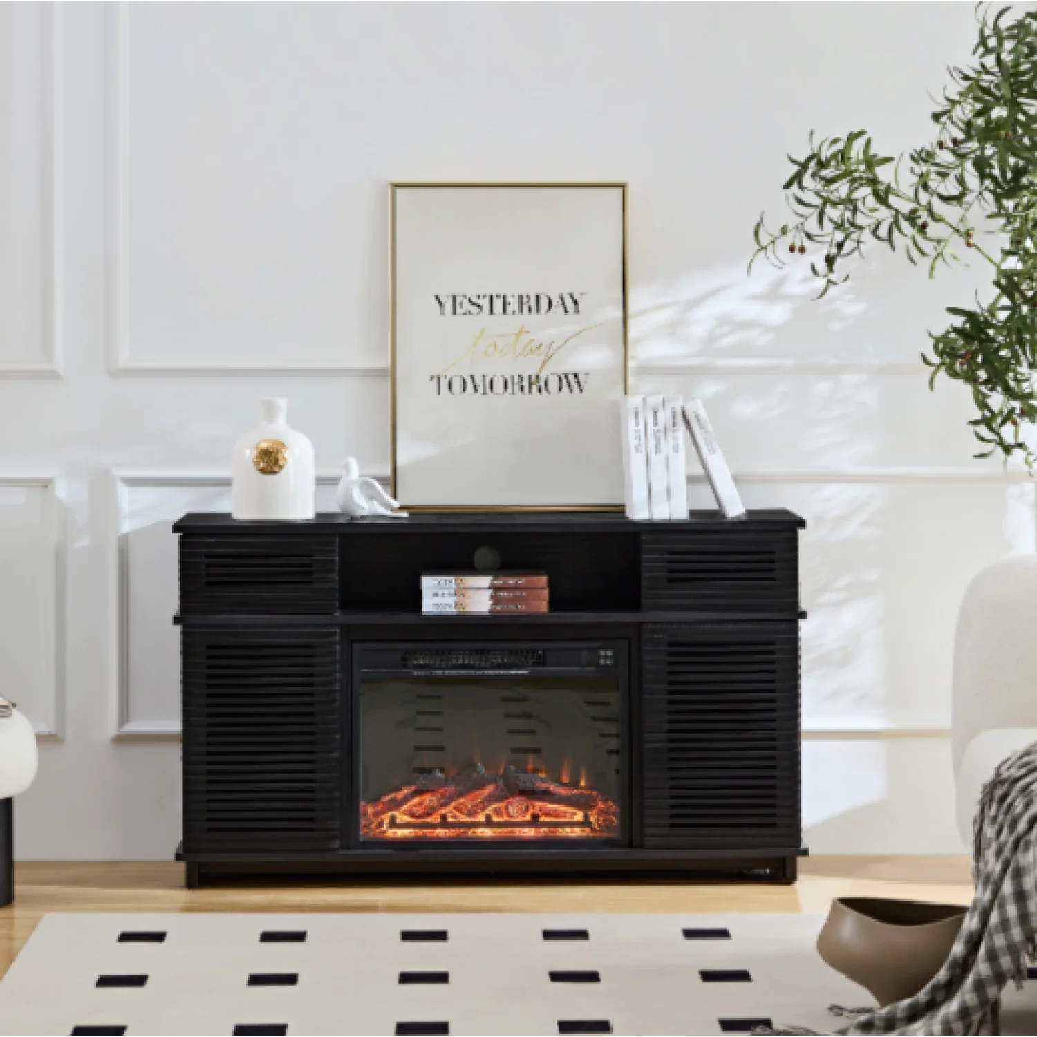 Black Oak Wood Cabinet with Embedded Fireplace | Personalized Adjustments | Exquisite Craftsmanship | Versatile Design | High-Quality Materials