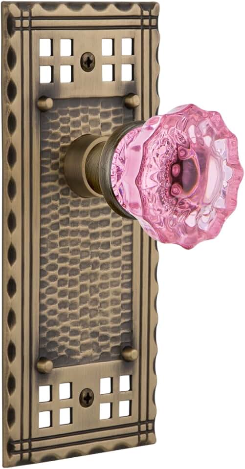 Nostalgic Warehouse Antique Brass, 720364 Craftsman Plate Crystal Pink Glass Door Knob, Passage-2.375