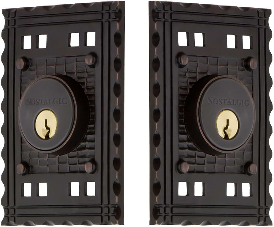 Nostalgic Warehouse Craftsman Plate Double Cylinder Deadbolt Craftsman Door Knob in Timeless Bronze