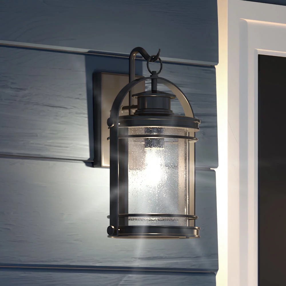 Luxury Nautical Outdoor Wall Sconce, 15.00''H x 9.00''W, with American Bungalow Style Elements, Craftsman Design, Black Silk Finish and Clear Seeded Glass, UQL1431