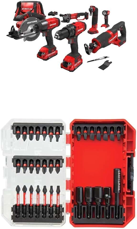 CRAFTSMAN V20 Cordless Drill Combo Kit, 7 Tool with Drill/Driver Set, Impact Ready, 33 Pieces (CMCK700D2 & CMAF1333)
