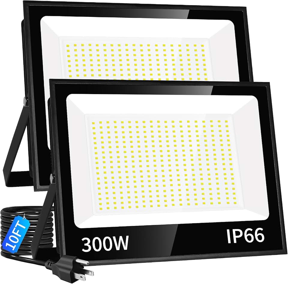 300W LED Flood Light Outdoor with Plug(2000W Eqv), 36000LM Ultra Bright Security Lights, IP66 Waterproof Exterior Plug in Floodlight, 5000K Daylight White for Court Yard Garden Stadium(2 Pack)