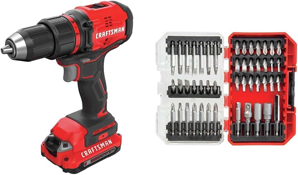 CRAFTSMAN V20 Cordless Drill/Driver Kit, Brushless with Drill Bit Set, 47 Pieces (CMCD710C2 & CMAF1247)