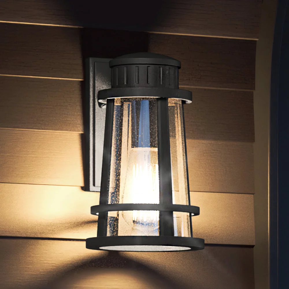 Luxury Tudor Outdoor Wall Sconce, 13.00''H x 7.75''W, with Art Deco Style Elements, Craftsman Design, Natural Black Finish and Clear Seeded Glass, UQL1582