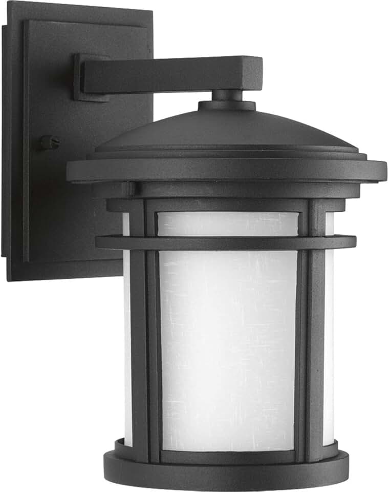 Wish LED Collection 1-Light Etched White Linen Glass Craftsman Outdoor Small Wall Lantern Light Textured Black
