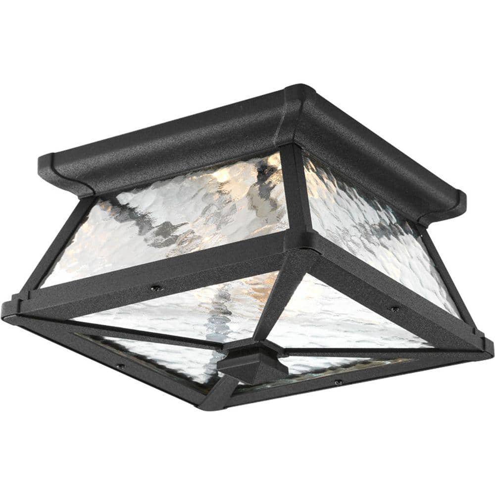 Mac Collection 2-Light Textured Black Water Patterned Glass Craftsman Outdoor Close-to-Ceiling Light