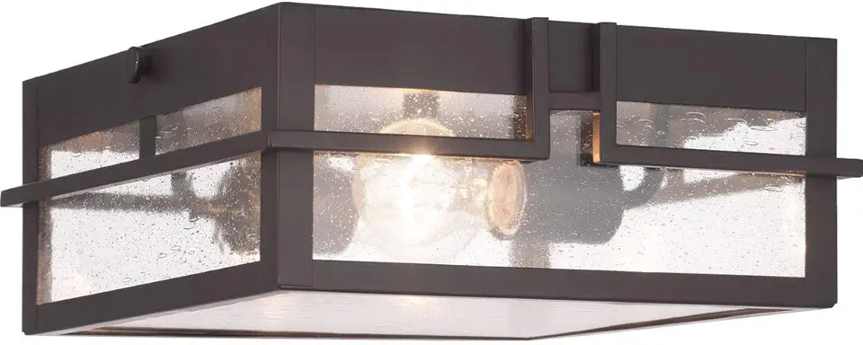 Boxwood Collection 2-Light Clear Seeded Glass Craftsman Outdoor Ceiling Flush Mount Light Antique Bronze, 4.50x11.38x11.38