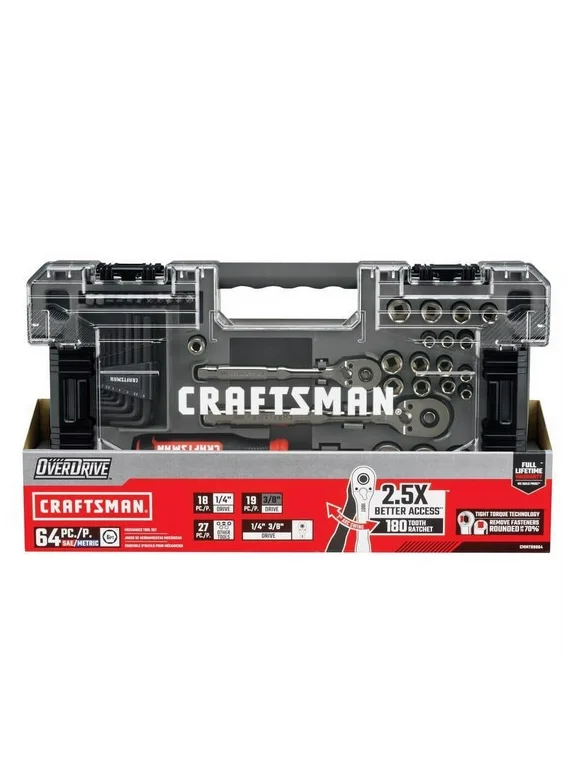 Craftsman OVERDRIVE 1/4 and 3/8 in. drive Metric/SAE 6 Point Mechanic's Tool Set 64 pc
