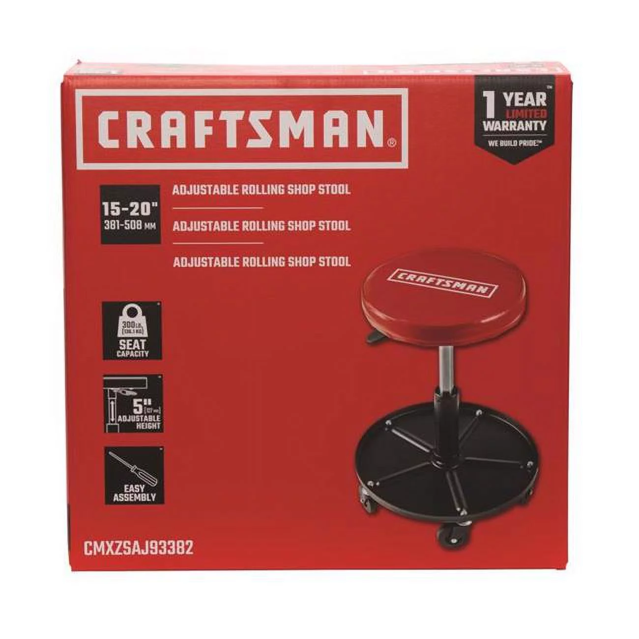 Craftsman 8087917 Vinyl Swivel Adjustable Shop Stool, Matte Red