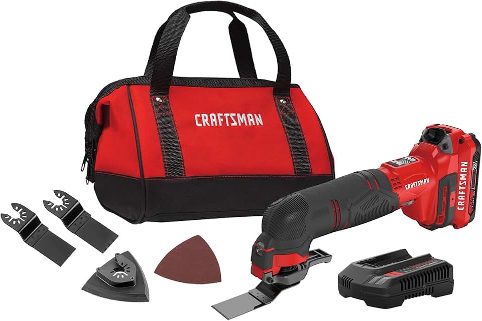CRAFTSMAN V20 Cordless Multi-Tool, Oscillating Tool Kit, 16 Piece Kit with Blades, Sand Paper, Battery and Charger Included (CMCE500D1)