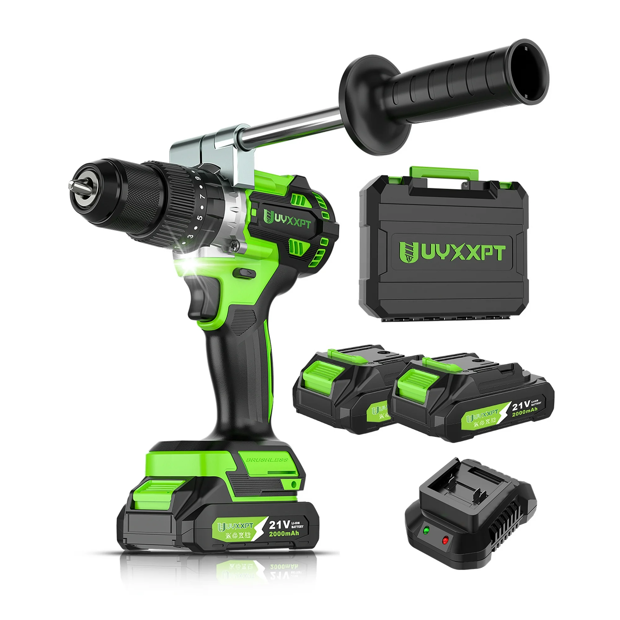 Xhy Electric Impact Driver Set Cordless Brushless Drill 21V Power Hammer with 1056 In-Lb Torque, 2 Battery, 1/2'' Chuck, 2 Speed Drill Driver Kit for Wood, Concrete, Metal, Masonry, DIY Project