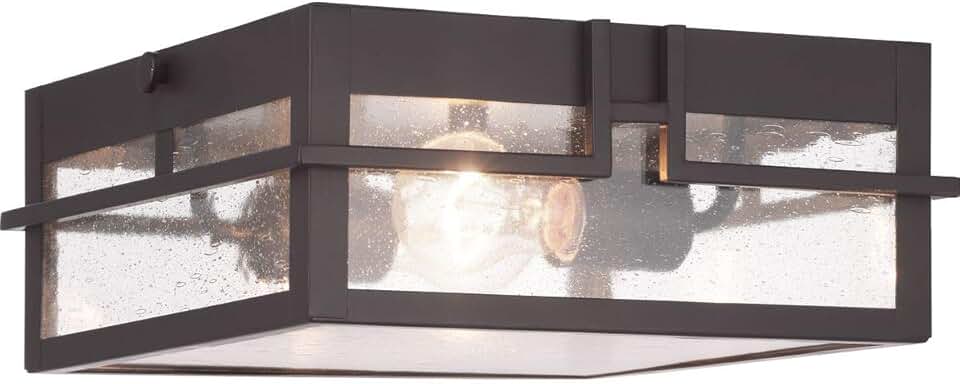 Boxwood Collection 2-Light Clear Seeded Glass Craftsman Outdoor Ceiling Flush Mount Light Antique Bronze, 4.50x11.38x11.38