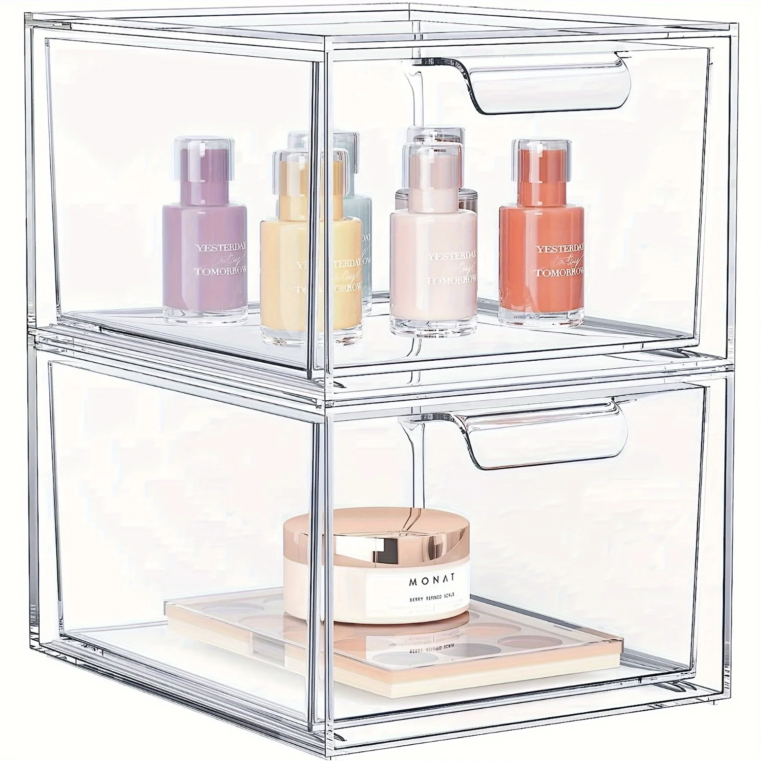 XGZHPJZ 4pcs Stackable Makeup Organizer Set  Clear Cosmetic Drawer Organizers with Handles for Vanity  Undersink  Kitchen Cabinets - Organize Your Beauty Essentials