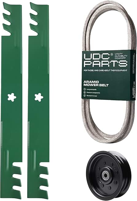 UDC Parts 197242/403107 + 196104 Mower Deck Belt/Gator Blades + Idler Pulley/Fits Husqvarna Poulan Craftsman