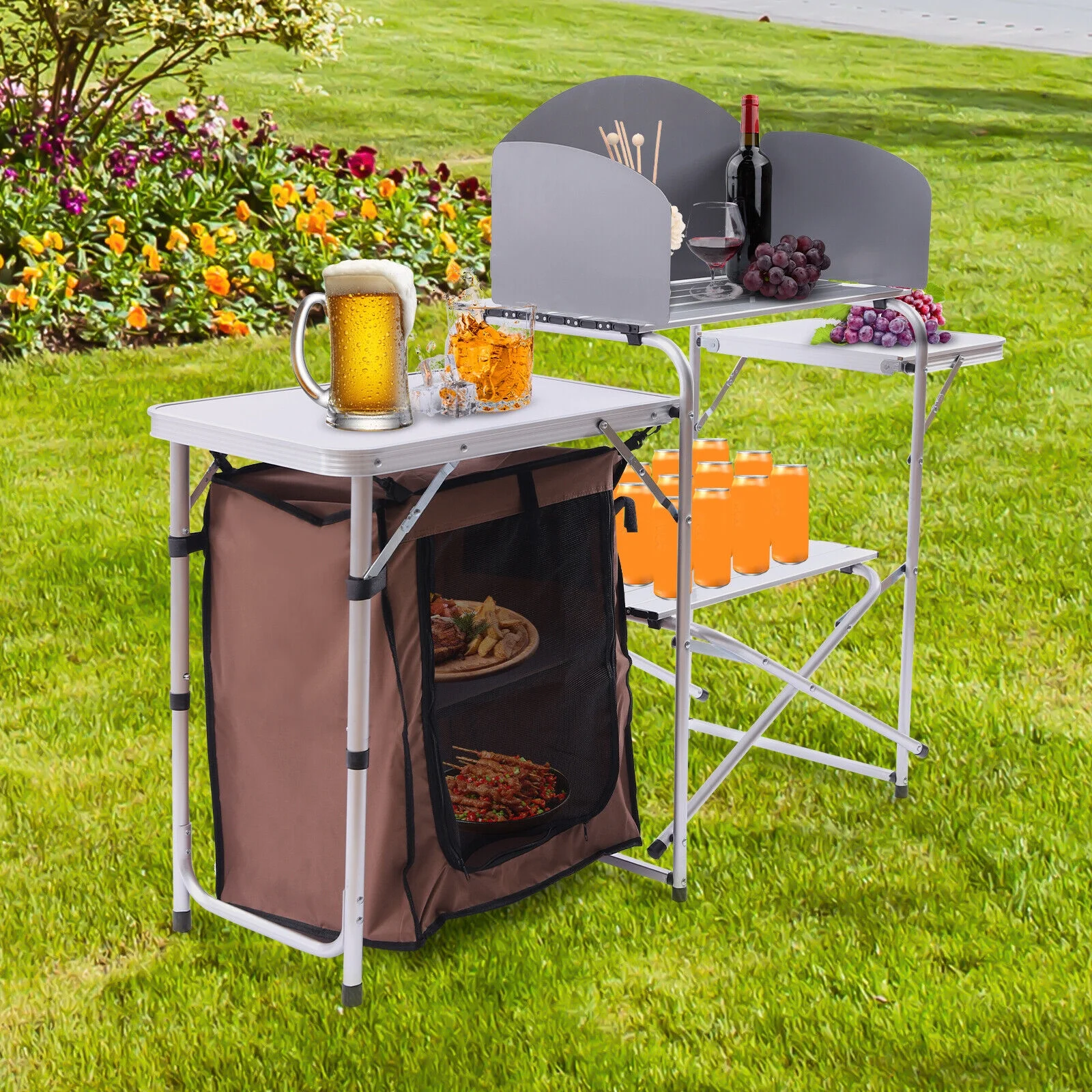 XH14645 Folding Camping Cooking Table Outdoor Kitchen Picnic Cabinet Table +Fabric Cover Brown