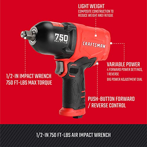 CRAFTSMAN CMXPTSG1003NB ½-in 750 ft-lbs Air Impact Wrench, Red and Black