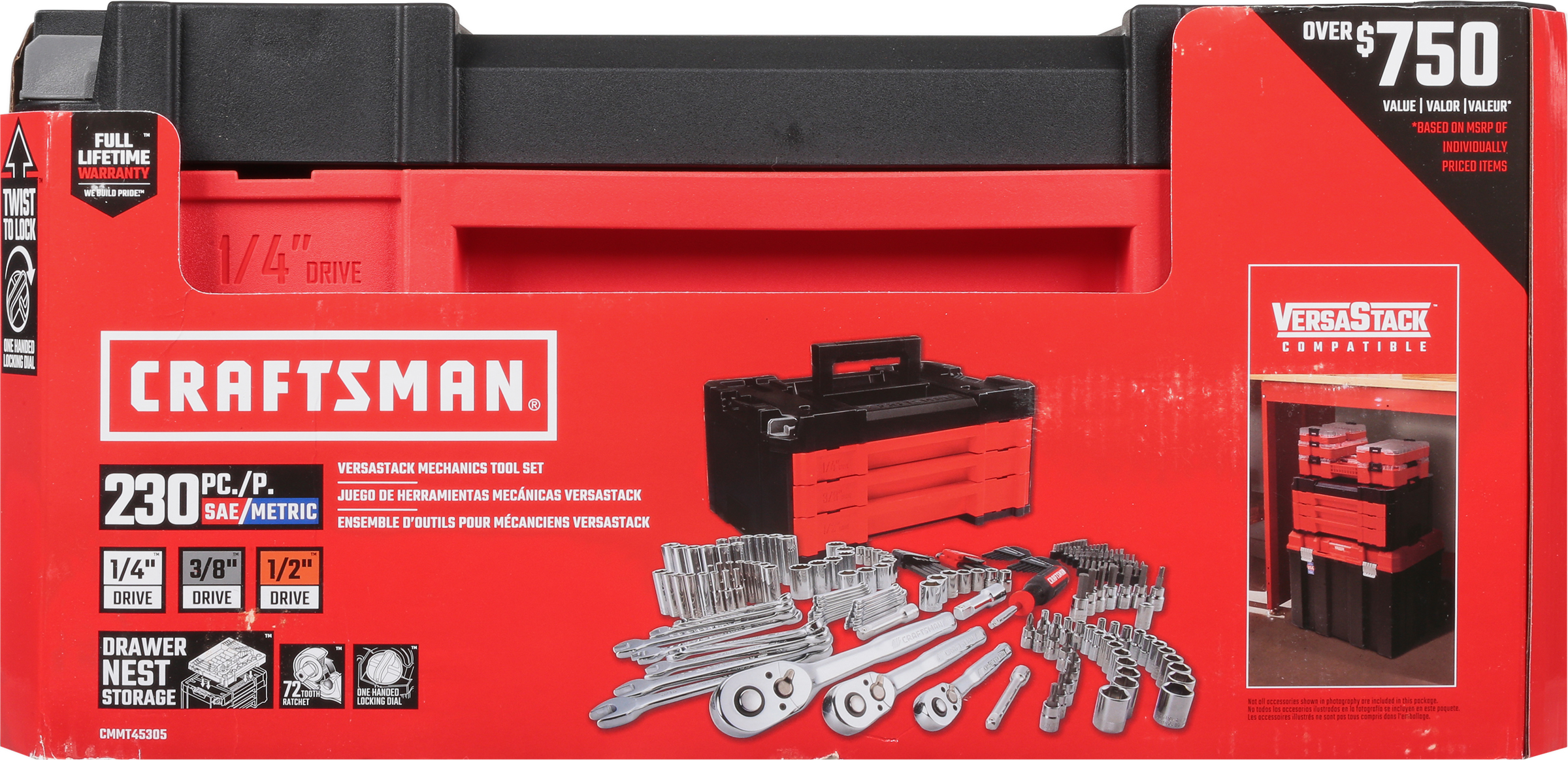 CRAFTSMAN Mechanics Tool Set, 230-Piece Hand Tool and Socket Set with 3-Drawer Tool Box (CMMT45305)