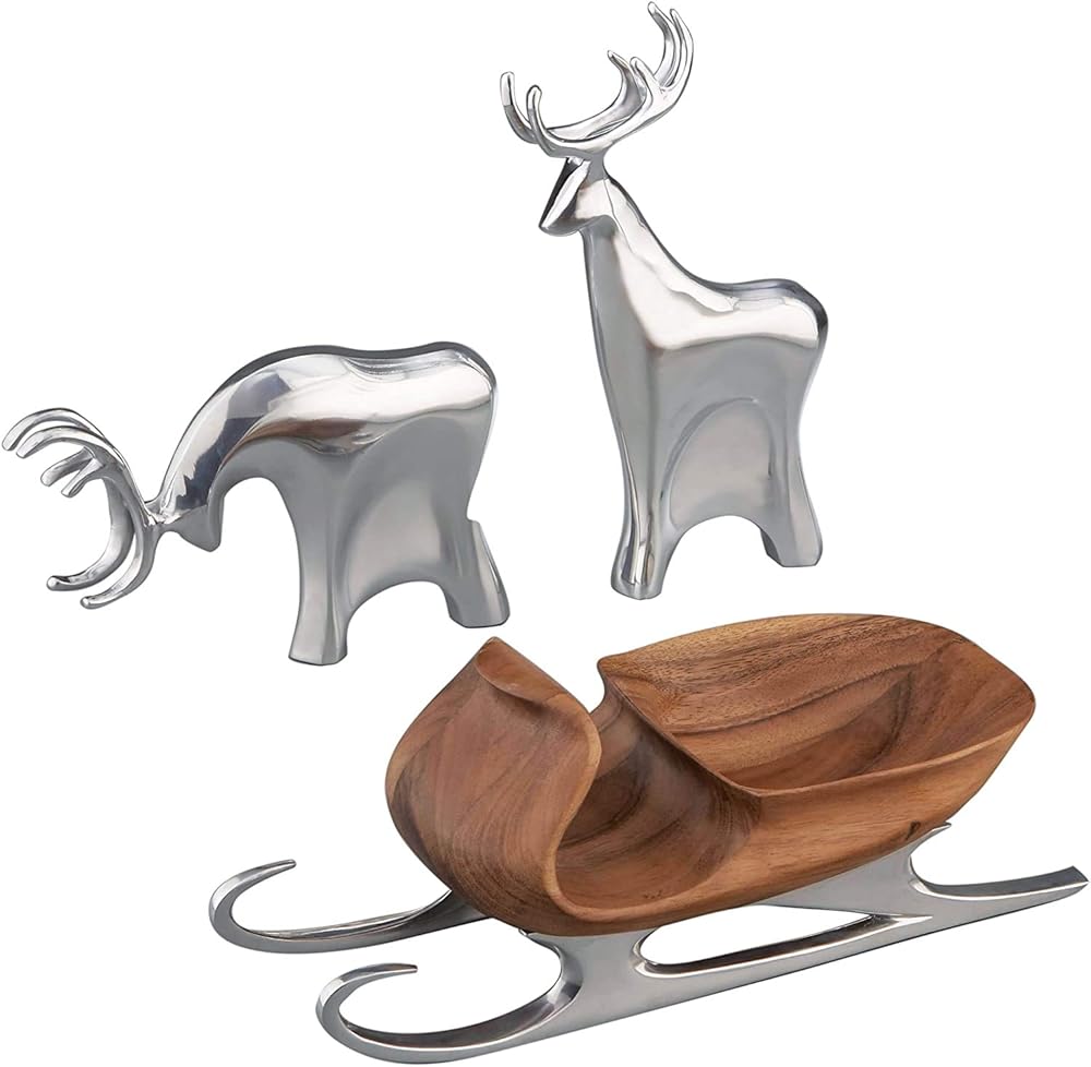 Nambe Holiday Collection Christmas Sleigh with Reindeer Figurine Set - 3 Piece Set Artisanal Craftsmanship Made of Metal Alloy and Acacia Wood, Beautiful for Christmas Home Décor