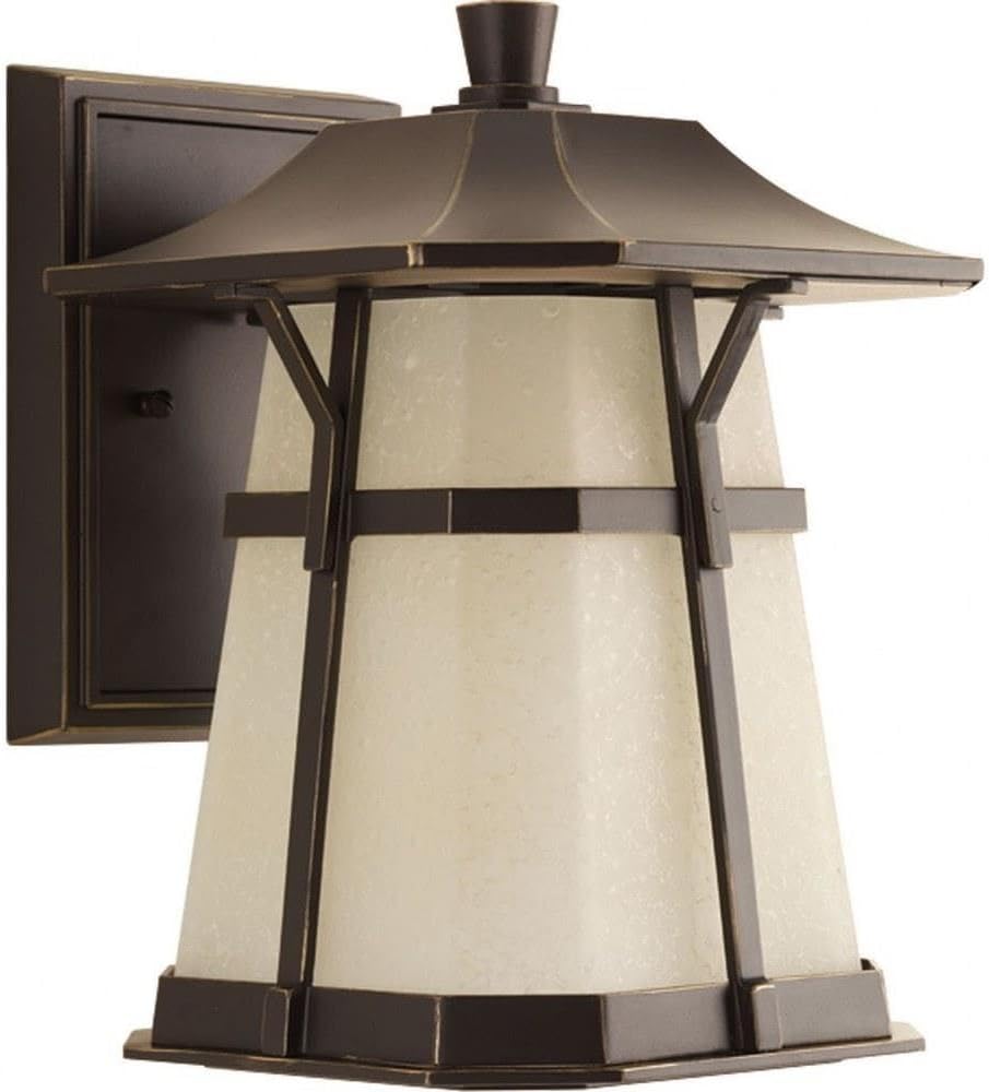 Derby LED Collection 1-Light Etched Seedy Umber Watermark Glass Craftsman Outdoor Medium Wall Lantern Light Antique Bronze