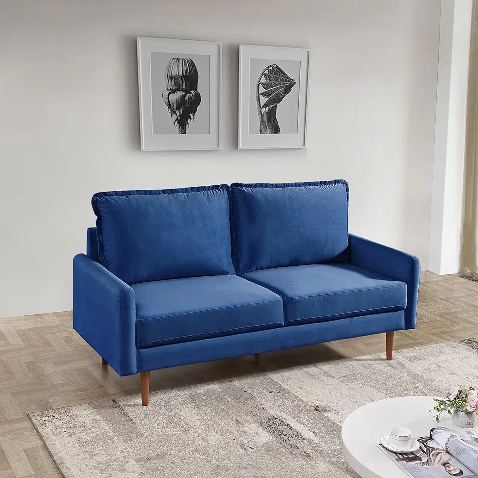 GOWE 69¡± Upholstered Velvet Sofa Couch, Modern Craftsmanship Seat with 3-Seater Cushions & Track Square Armrest - Blue