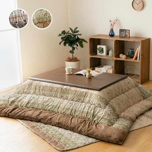 IKEHIKO Kotatsu Futon & Mat Set Comforter, Fluffy Premium Cotton Flannel, Square Rectangle Shape Heater Blanket Table, Japanese Craftsman, Made in Japan 2674 (Green, Futon:205×205cm & Mat:190×190cm)