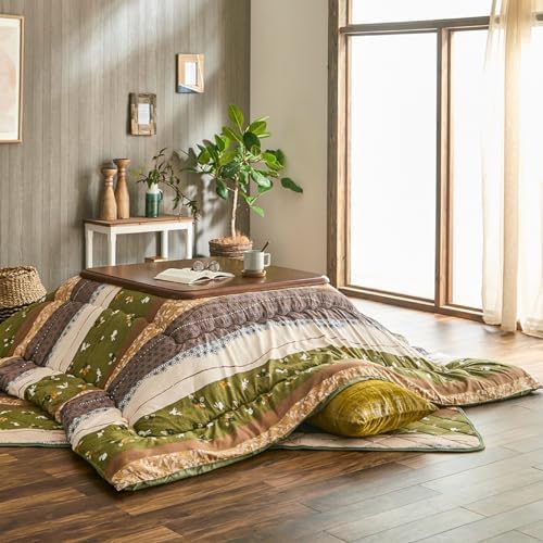 IKEHIKO Kotatsu Futon & Mat Set Comforter, Fluffy Premium Cotton, Green Square Rectangle Shape Heater Blanket Table, Japanese Craftsman, Made in Japan 2378 (Futon:205×205cm & Mat:190×190cm)