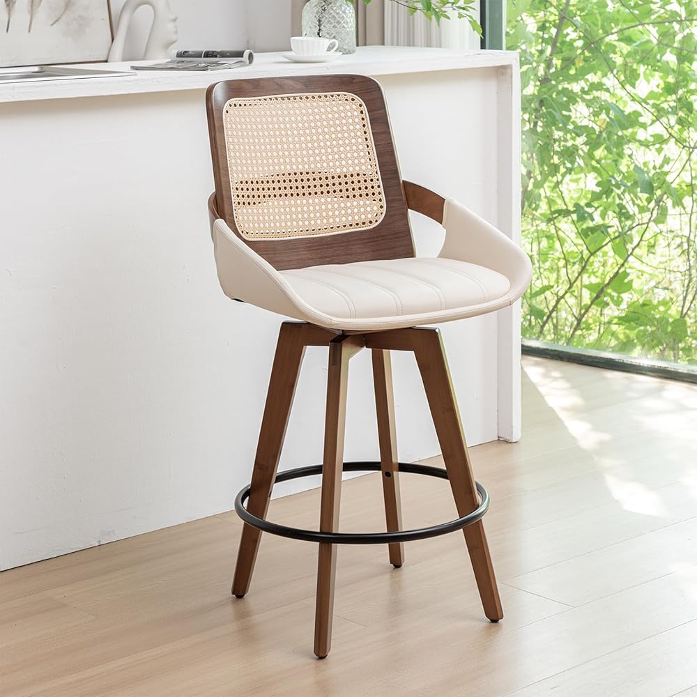 Set of 1 Mid Century Modern Counter Stool - 26.4 inch Swivel Rattan bar stool with Cane Back, Upholstered Faux Leather, Walnut Craftsmanship, Ideal for Kitchen/Counter/Bar/ Island (Walnut Beige)