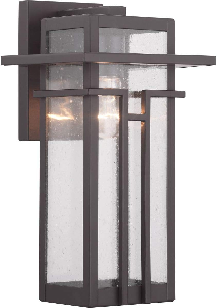 Boxwood Collection 1-Light Clear Seeded Glass Craftsman Outdoor Medium Wall Lantern Light Antique Bronze , 14.13x7.63x7.63
