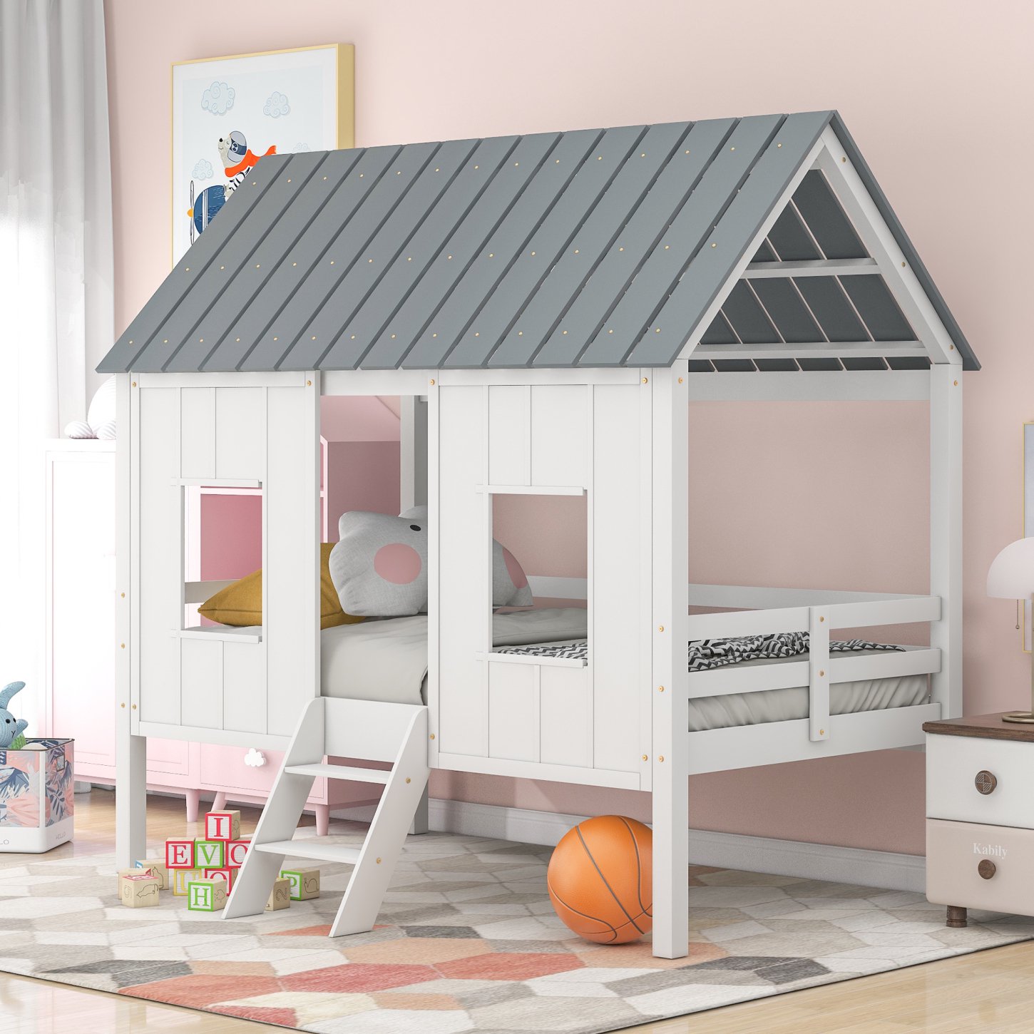 White Twin Size Low Loft House Bed with Roof and Two Front Windows - Playhouse-Inspired Design - Improves Sleeping Environment - Superior Craftsmanship - No Box Spring Needed