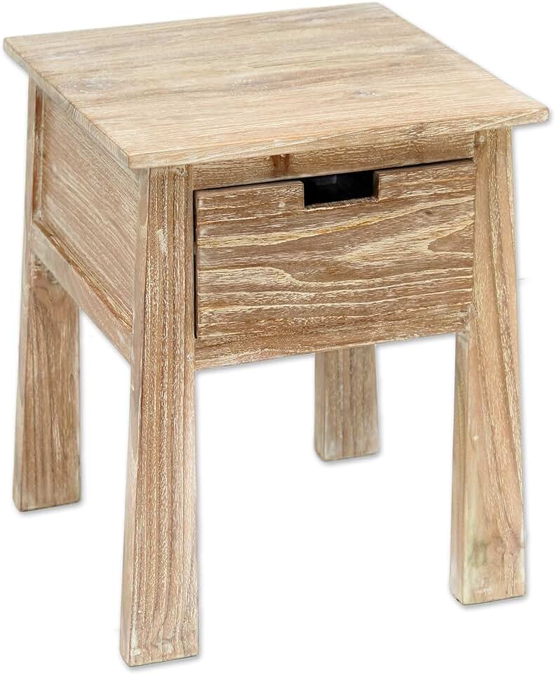 NOVICA Artisan Handcrafted Teak Wood Accent Table One Drawer Whitewashed Beige Woodteakwood Indonesia Furniture Side Tables End [19.75in H x 15.75in W x 15.5in D] ' Craftsman in White'