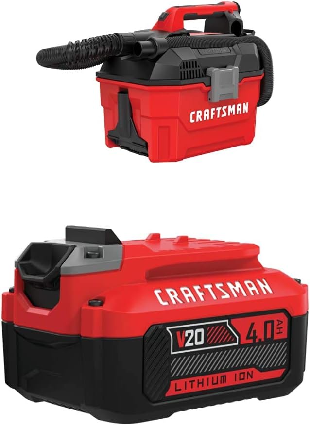 Craftsman V20 Cordless Shop Vac, 2 Gallon, Wet/Dry with Lithium Ion Battery, 4.0-Amp Hour, Charger Sold Separately (CMCV002B & CMCB204)