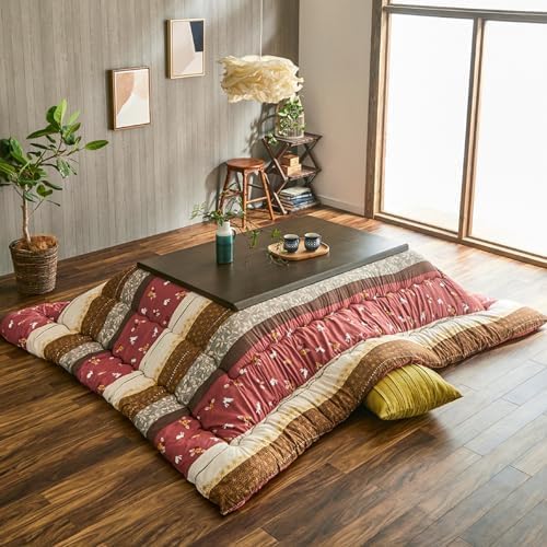 IKEHIKO Kotatsu Futon & Mat Set Comforter, Fluffy Premium Cotton, Pink Square Rectangle Shape Heater Blanket Table, Japanese Craftsman, Made in Japan 2378 (Futon:205×205cm & Mat:190×190cm)