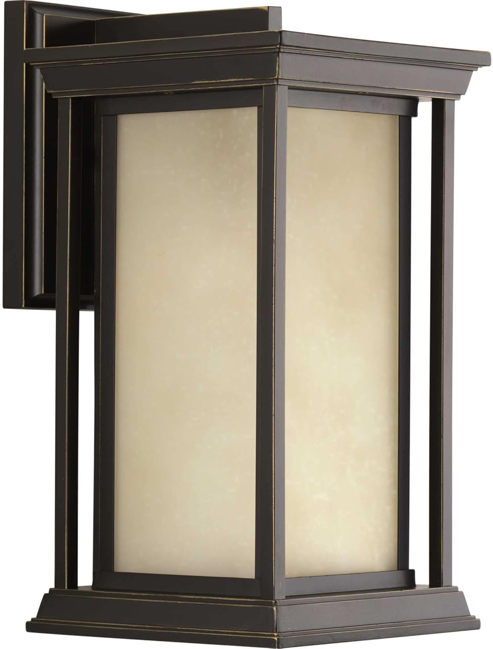 Endicott Collection 1-Light Etched Umber Linen Glass Craftsman Outdoor Medium Wall Lantern Light Antique Bronze