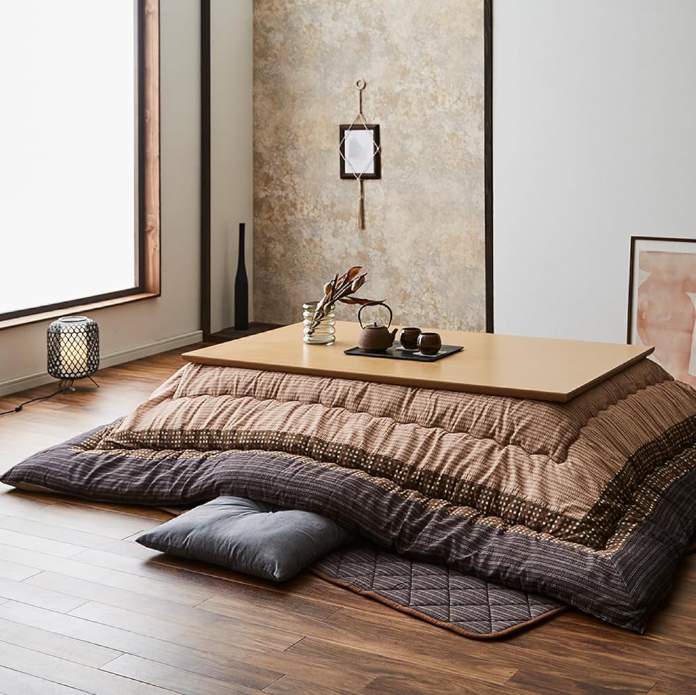 IKEHIKO Kotatsu Futon & Mat Set Comforter, Fluffy Premium Cotton Flannel, Brown Square Rectangle Shape Heater Blanket Table, Japanese Craftsman, Made in Japan 1500 (Futon:205×205cm & Mat:190×190cm)