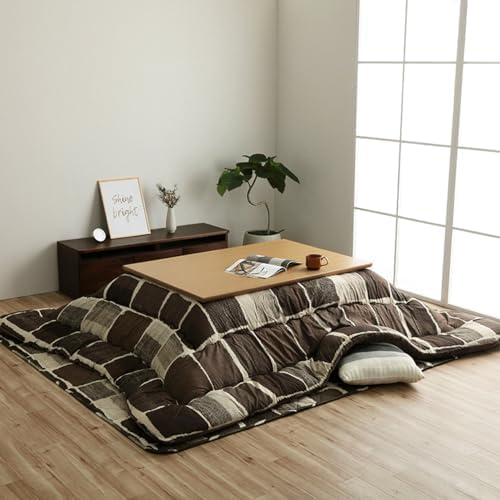 IKEHIKO Kotatsu Futon & Mat Set Comforter, Fluffy Premium Cotton Flannel, Brown Square Rectangle Shape Heater Blanket Table, Japanese Craftsman, Made in Japan 1512 (Futon:205×205cm & Mat:190×190cm)